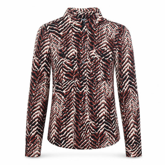 Front view of Oliver Bonas women’s multicoloured geometric viscose basic button-up, size UK 6, collared
