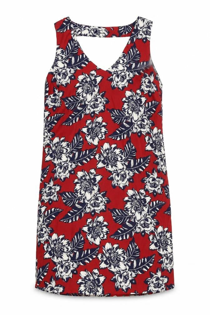 New Look Womens Red Floral Polyester Tank Dress Size 8 V-Neck Pullover