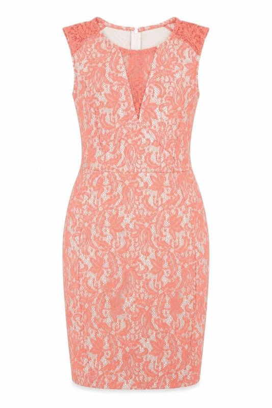 Front view of Warehouse women’s pink floral polyester a-line, size UK 10, boat neck zip