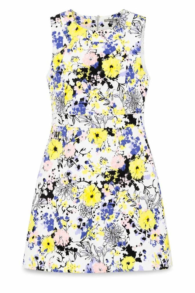 Front view of Warehouse women’s white floral polyester a-line, size UK 10, boat neck zip