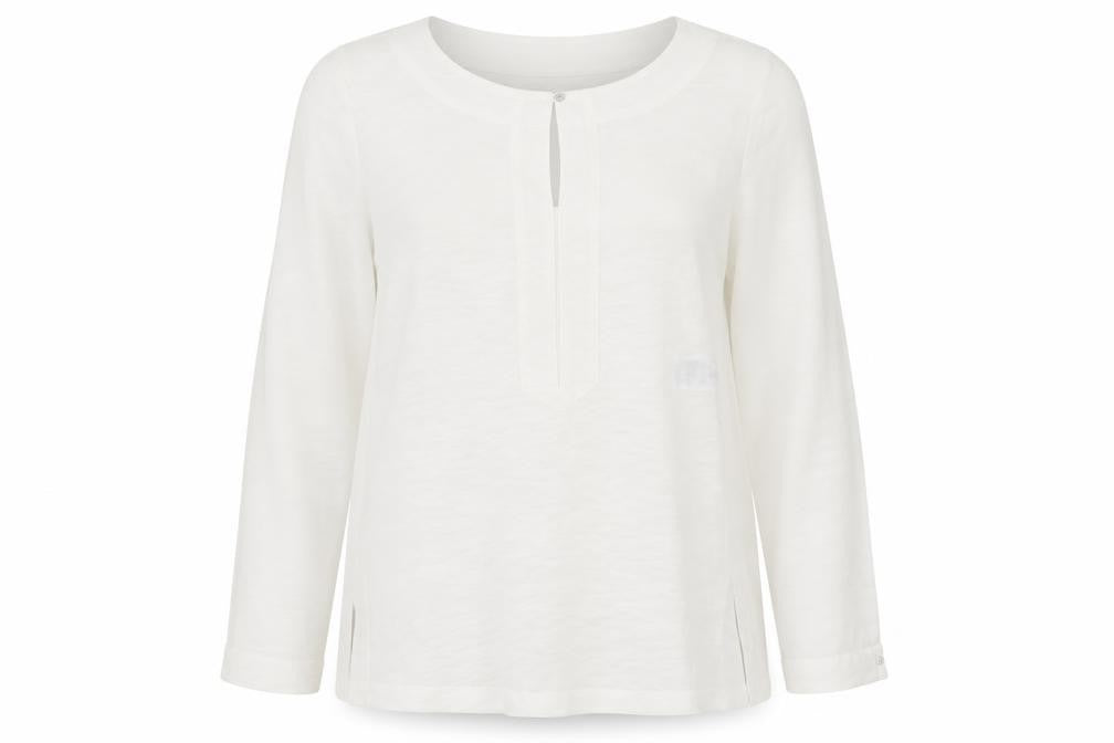 Front view of Triangle women’s white polyester tunic blouse, size UK 14, v-neck