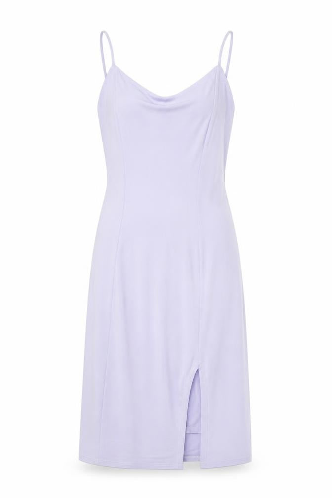 Front view of River Island women’s purple viscose bodycon, size UK 6, v-neck pullover
