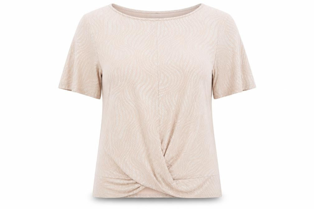 Front view of M&Co women’s pink geometric polyester basic t-shirt, size UK 8, round neck - knot detail
