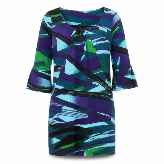 Front view of Next women’s multicoloured geometric viscose a-line, size UK 10, scoop neck pullover