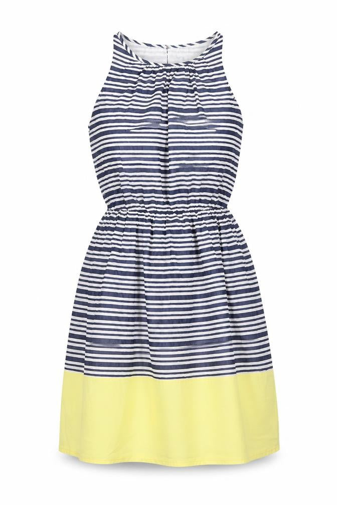 Old Navy Womens Blue Striped Cotton Fit & Flare Size S Crew Neck Button