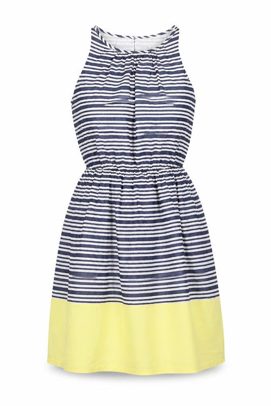 Front view of Old Navy women’s blue striped cotton fit & flare, size S, crew neck button