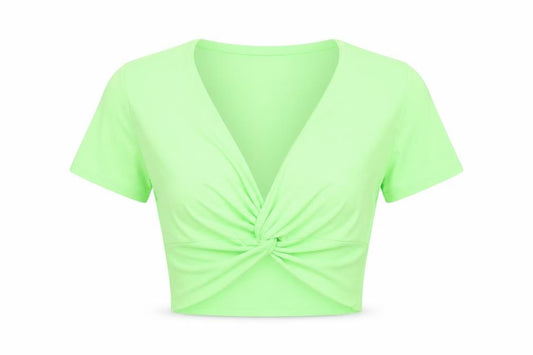 Front view of PRETTYLITTLETHING women’s green polyester cropped t-shirt, size UK 6, v-neck - twist front