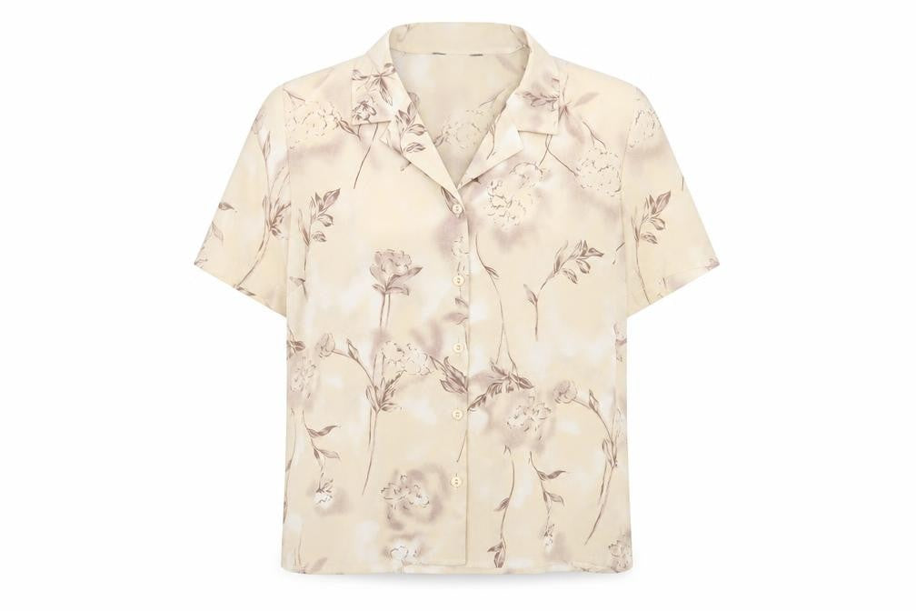 Front view of Berkertex women’s brown geometric polyester basic button-up, size UK 14, collared