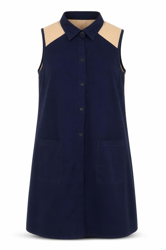 Front view of lacquar women’s blue polyester basic button-up, size S, collared