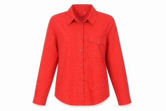 Front view of Attitudes women’s red polyester basic button-up, size UK 8, collared - pocket detail