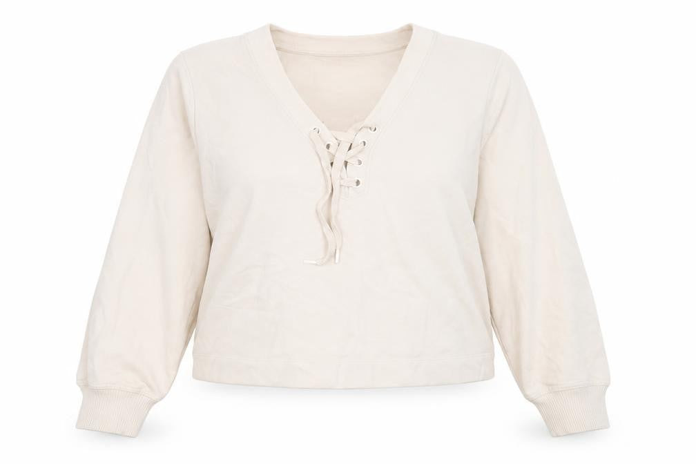 Front view of Marks & Spencer women’s beige cotton pullover sweatshirt, size M, pullover