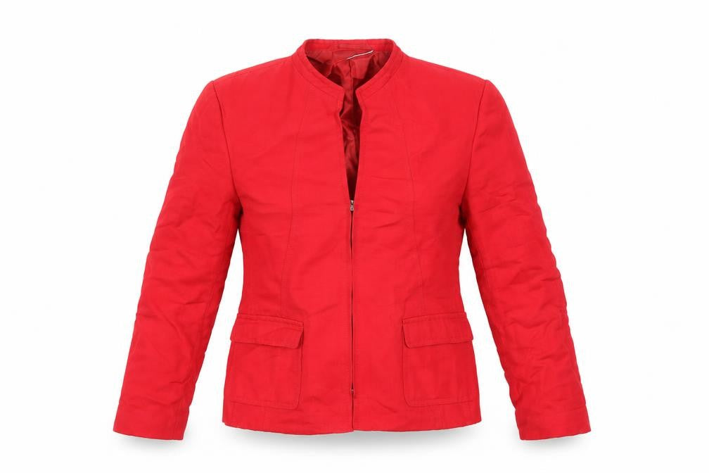 Front view of Planet women’s red jacket, size UK 8, zip - patch pockets, panelled seam detail, fitted