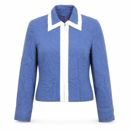 Front view of Val Somers women’s blue jacket, size UK 14, hook & eye - single fastening, buttoned cuff detail