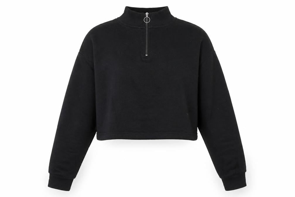 Front view of I SAW IT FIRST women’s black cotton pullover sweatshirt, size UK 12, zip - cropped
