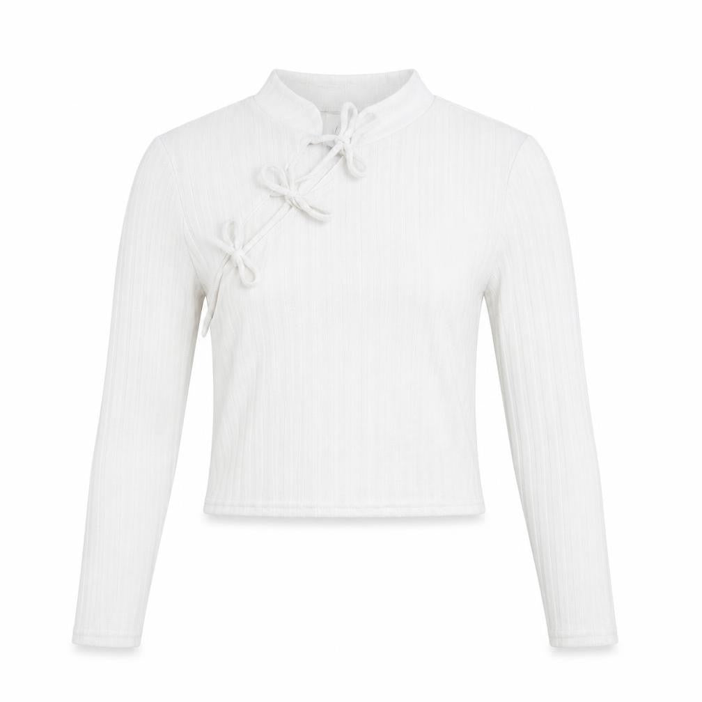 Front view of Collusion women’s white polyester basic t-shirt, size UK 12, mock neck - cut out