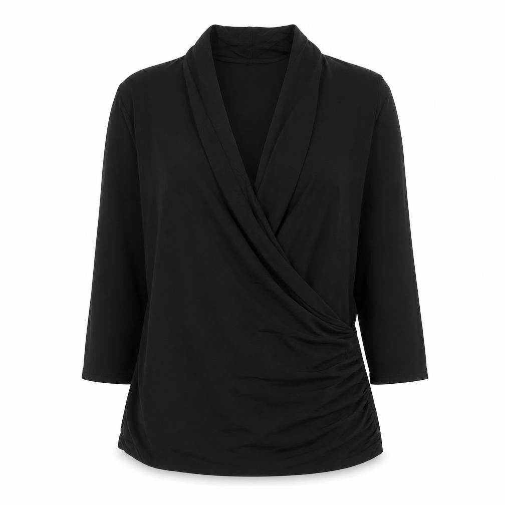 Front view of Amaryllis women’s black polyester basic blouse, size M, v-neck - ruched