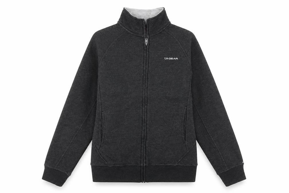 Front view of LA Gear women’s grey cotton full zip sweatshirt, size UK 10, zip