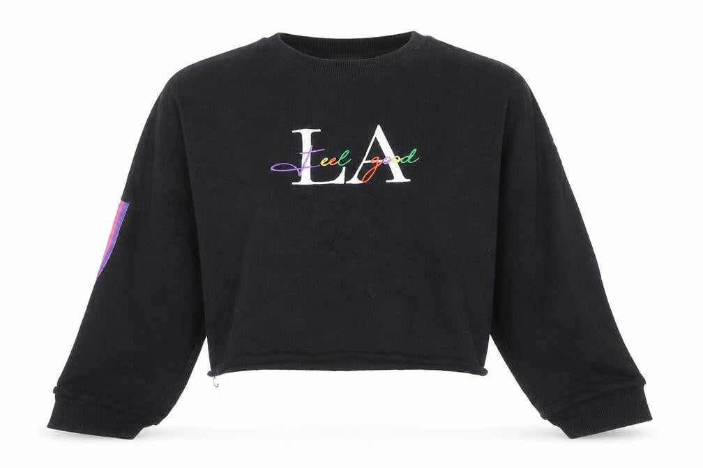 Front view of Primark women’s black cotton pullover sweatshirt size 2xs pullover - feel good rainbow detail
