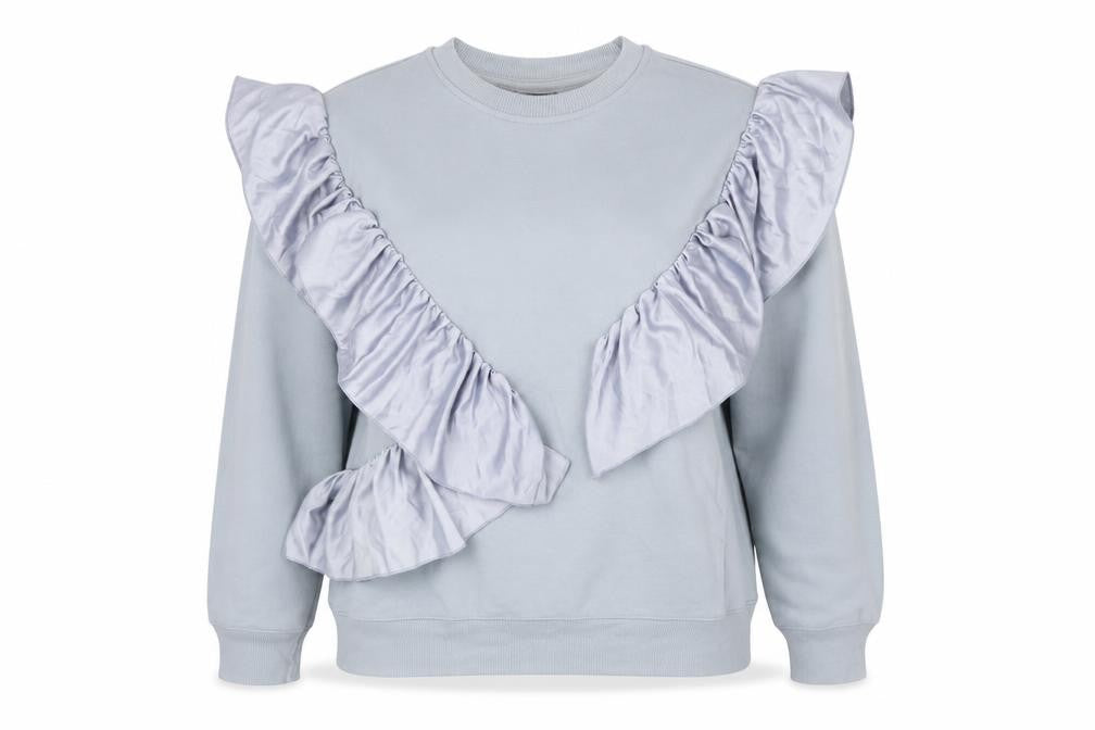 Front view of Topshop women’s blue cotton pullover sweatshirt, size UK 10, pullover