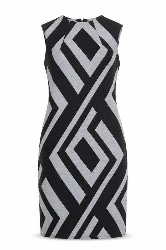 Front view of Principles women’s black geometric polyester a-line, size UK 12, mock neck zip