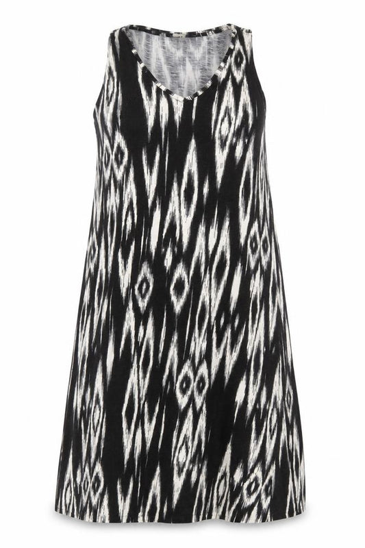 Front view of H&M women’s black geometric polyester a-line, size XS, v-neck pullover