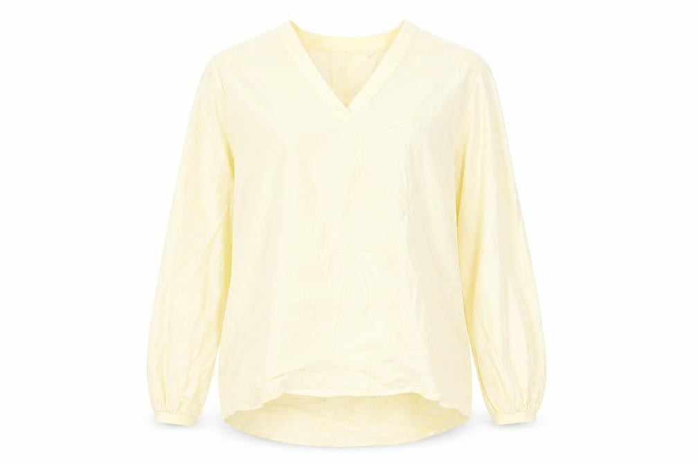 Front view of Marks & Spencer women’s yellow viscose basic t-shirt, size UK 14, v-neck