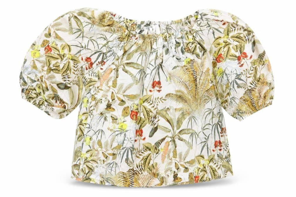 Front view of H&M women’s multicoloured geometric cotton basic t-shirt, size M, off the shoulder - leaf print