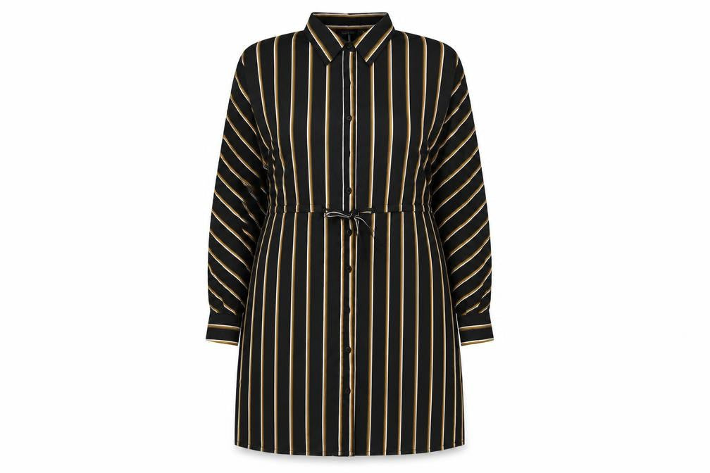 Front view of Boohoo women’s black striped polyester sheath, size UK 10, collared button