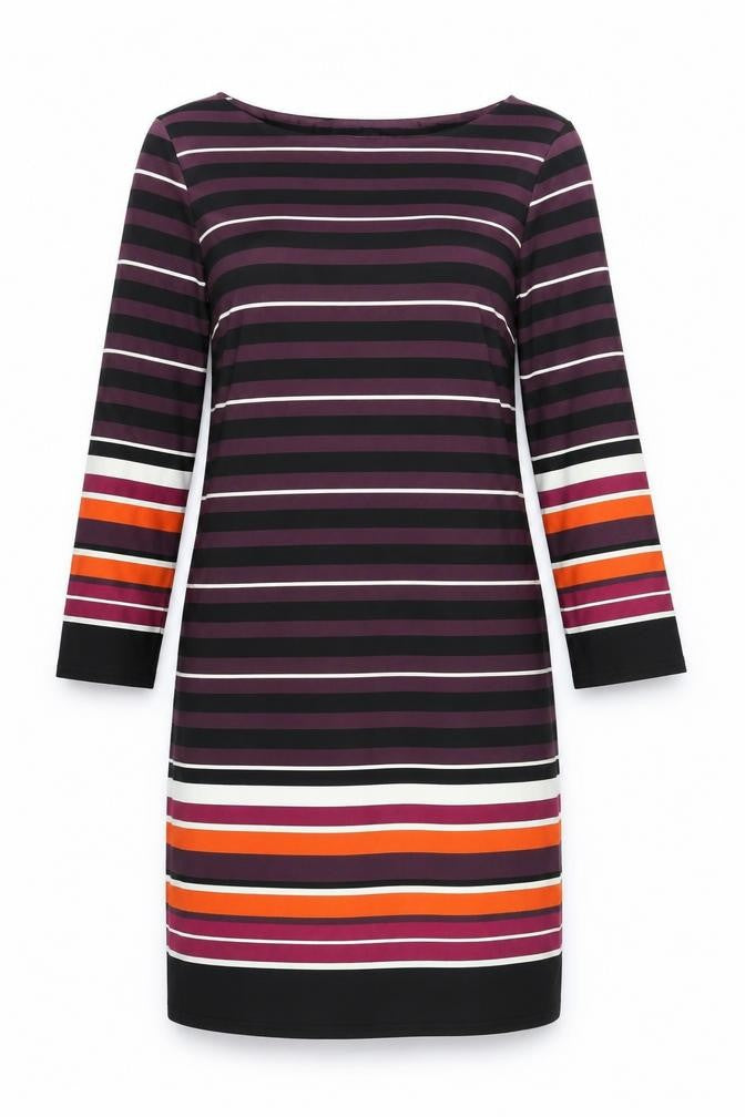 Front view of M&Co women’s purple striped polyester sheath, size UK 14, boat neck pullover