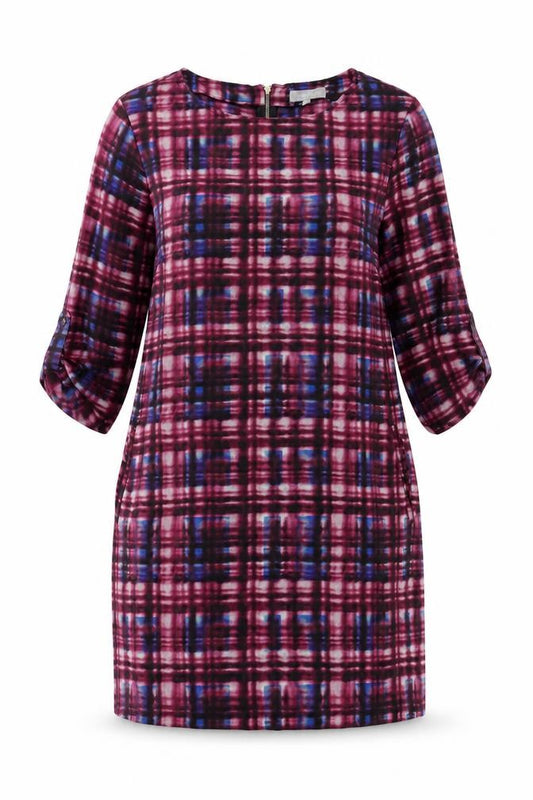 Front view of Red Herring women’s purple plaid polyester sheath, size UK 14, round neck zip