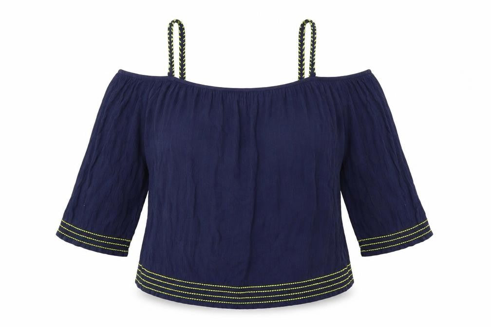 Front view of George women’s blue viscose basic blouse, size UK 10, off the shoulder