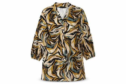 Front view of Signature women’s multicoloured geometric viscose sheath, size M, v-neck pullover
