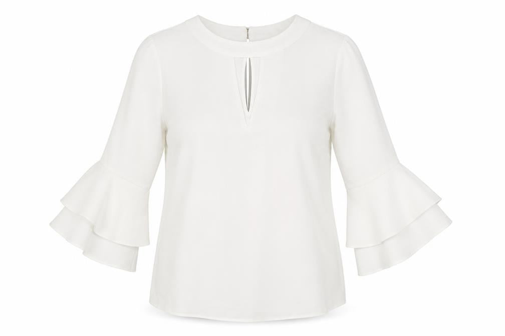 Front view of F&F women’s white polyester basic blouse, size UK 8, boat neck - flared sleeves