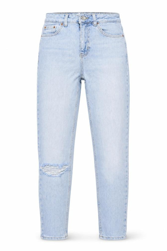 Front view of Topshop women’s blue cotton mom jeans, size UK 26, in, 29-inch leg regular button - distressed look