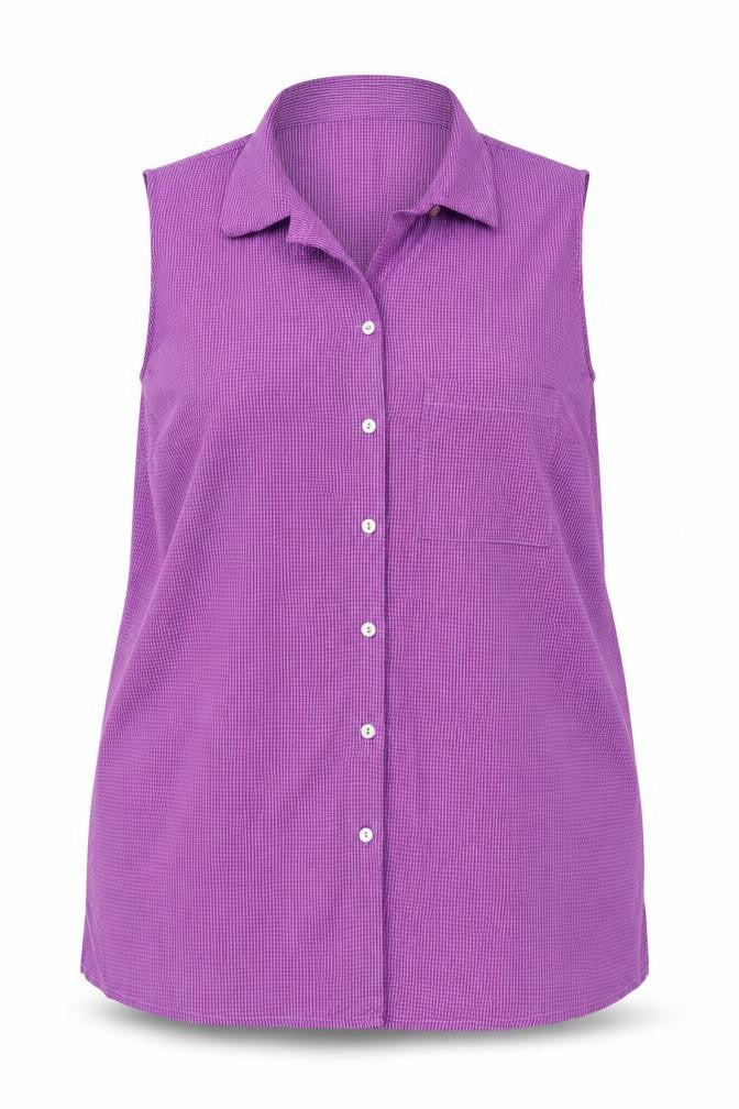Front view of Essence women’s purple geometric polyester basic button-up, size UK 20, collared