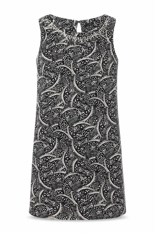Front view of M&Co women’s black geometric polyester a-line, size UK 12, round neck zip