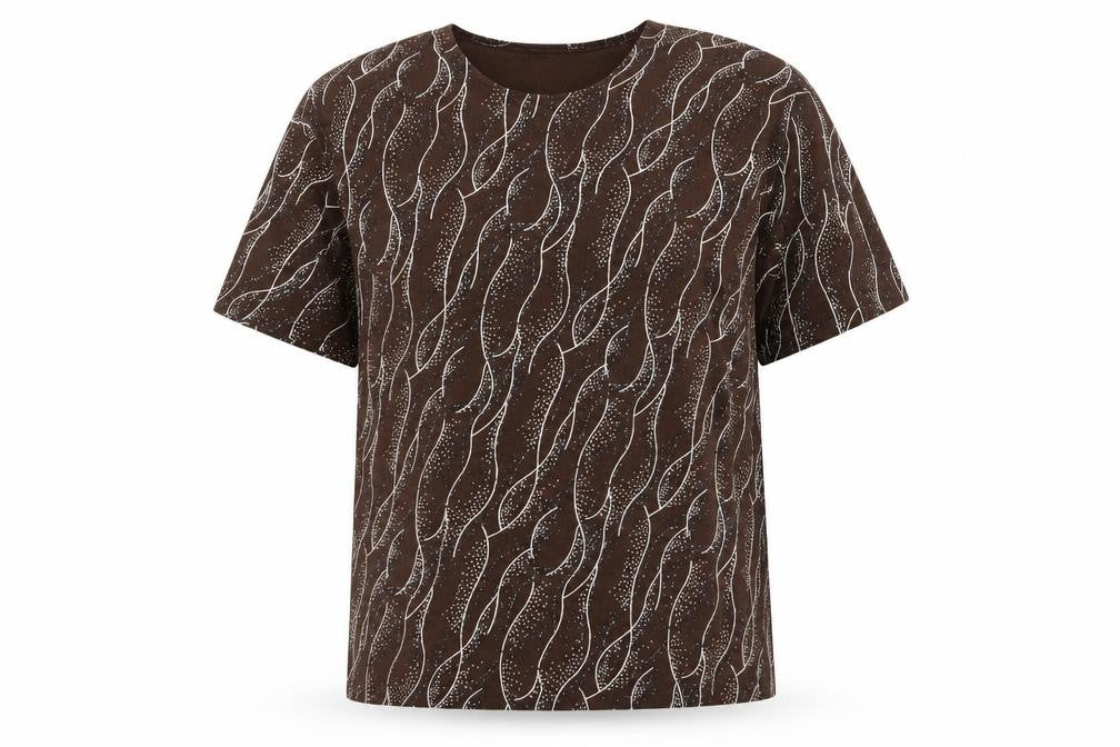 Front view of By Challis women’s brown geometric polyester basic t-shirt, size L, round neck