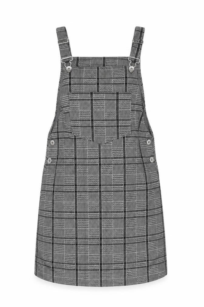 Front view of H&M women’s grey plaid polyester pinafore/dungaree dress, size XS, square neck pullover