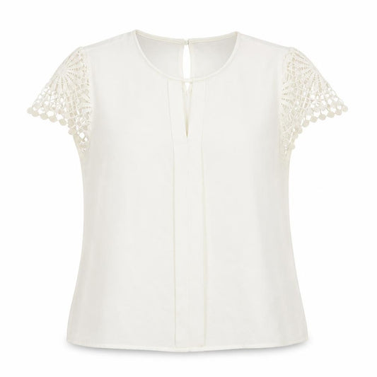Front view of SHEIN women’s white polyester basic blouse, size M, scoop neck - lace detail