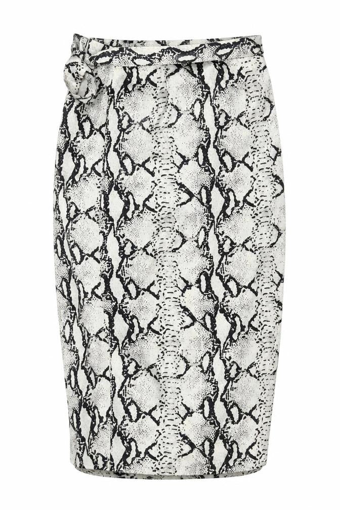 Front view of PRETTYLITTLETHING women’s multicoloured animal print viscose wrap skirt, size UK 6, tie - snake pattern