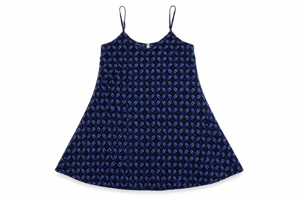 Front view of Blue Vidoff women’s blue geometric polyester tank dress, size S, v-neck pullover