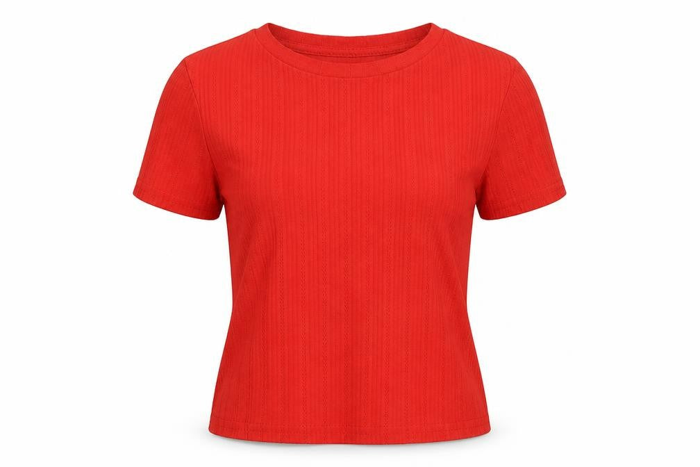 Front view of Primark women’s red polyester basic t-shirt size 2xs round neck