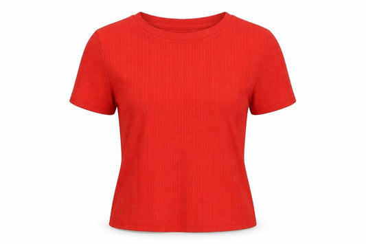 Front view of Primark women’s red polyester basic t-shirt size 2xs round neck
