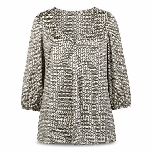 Front view of M&Co women’s beige geometric polyester a-line, size UK 10, scoop neck pullover