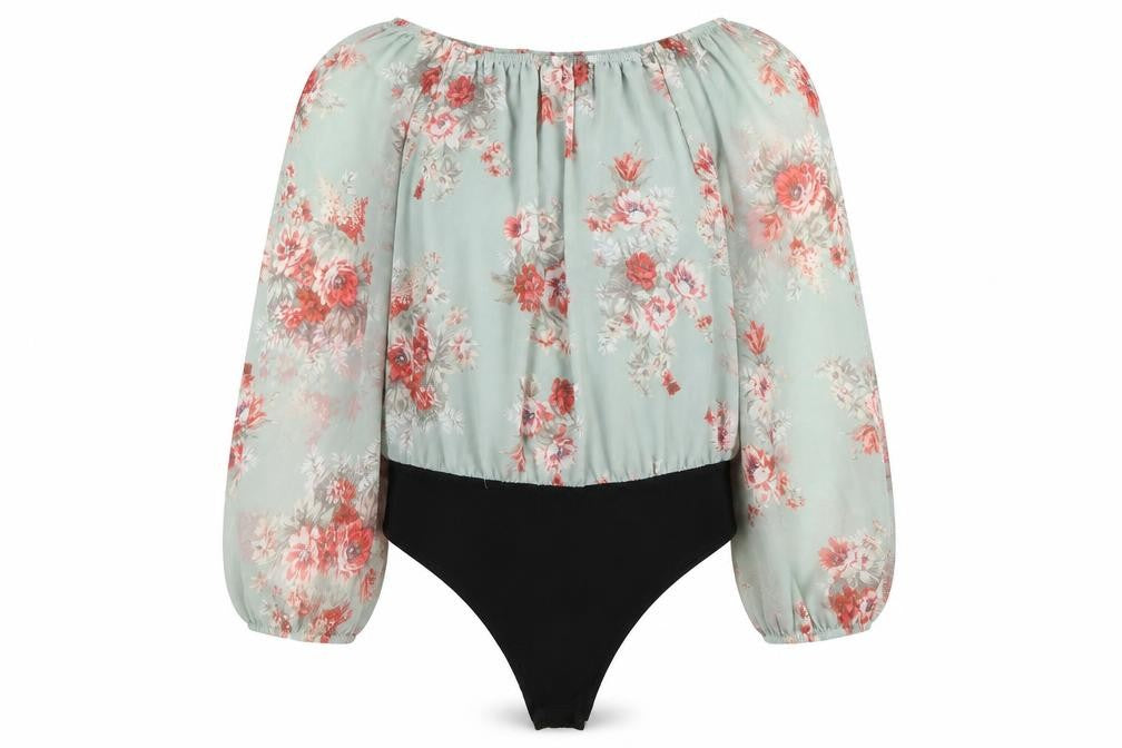 Front view of New Look women’s multicoloured floral polyester bodysuit one-piece, size UK 6, snap