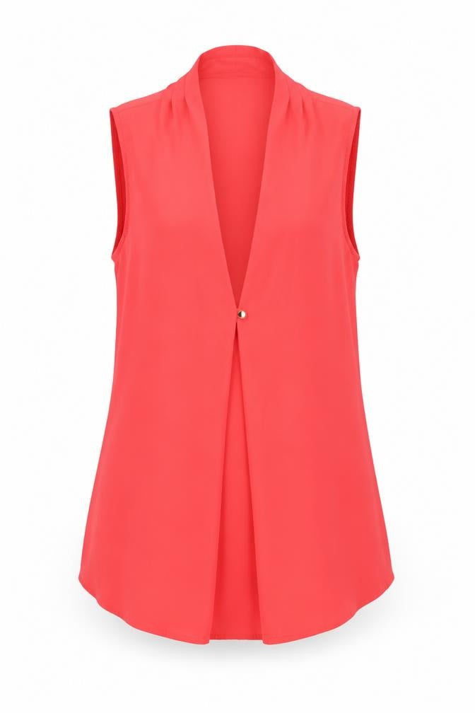 Front view of Atmosphere women’s pink polyester basic tank, size UK 6, v-neck