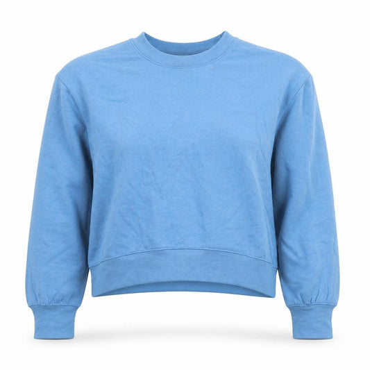 Front view of Zara women’s blue polyester pullover sweatshirt, size S, pullover