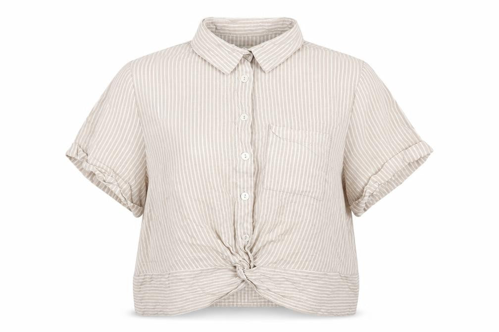 Front view of Cropp women’s beige striped viscose cropped button-up, size XS, collared