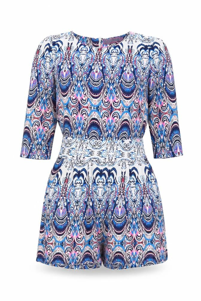 Front view of Boohoo women’s multicoloured geometric polyester playsuit one-piece, size UK 6, zip