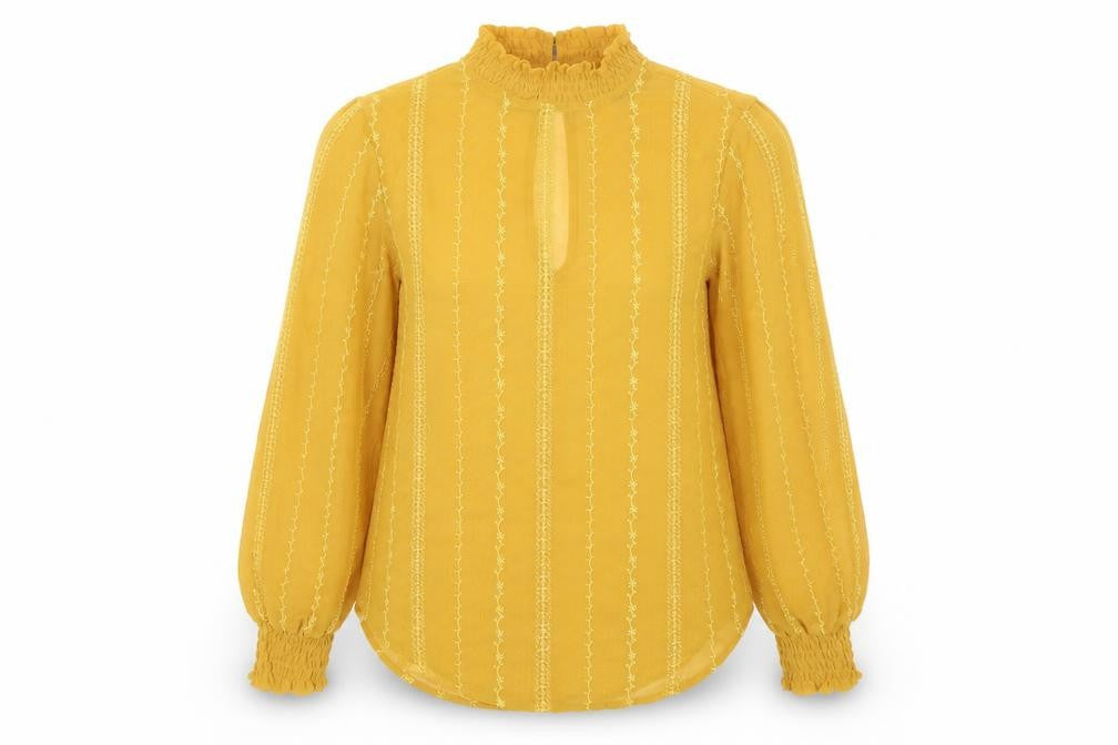 Front view of Topshop women’s yellow geometric polyester basic blouse, size UK 6, mock neck